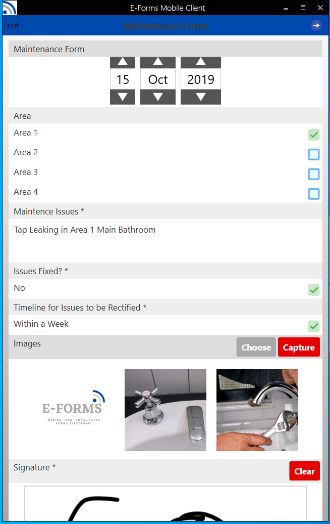 Maintenance Form Screenshot